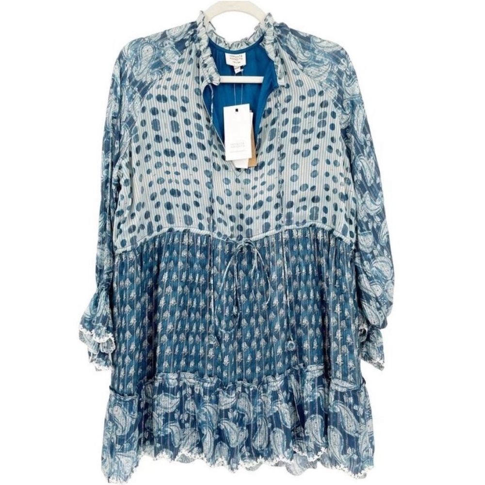 New Hemant & Nandita Kaiyo Dress Women’s Large Blue Boho Print Metallic Cinch